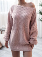 Vestido suéter ose de manga g para mujer con cuello oblicuo, minivestido de punto informal, color sólido, - details 9
