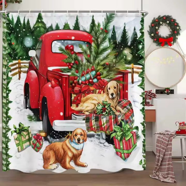 Cortina de Ducha de Navidad Paisaje de Invierno con Elfo Rojo Decoración de Baño de Granja Roja - 1