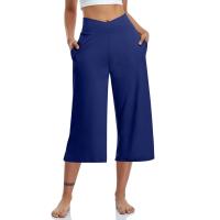 2024 primavera y verano mujeres elástico cintura alta 3/4 pantalón sólido Casual ajuste activo pantalones de pierna Capris anchos pantalones con bolsillos - details 10