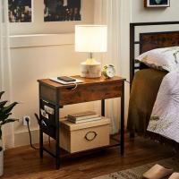 Mesa Lateral Adelgazada con Multienchufe Mesa de Noche para Sala de Estar y Dormitorio en Marrón Rústico y Negro - details 4