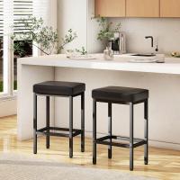 Taburete de Cuero Negro Alto Taburetes de Cocina con Almohadilla de 6cm y Base de Metal - details 1