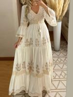 Elegante Vestido Maxi de Encaje Retro para Mujer Cuello en V Clásico con Mangas Aretes - details 0