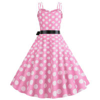 Vestido midi retro de fiesta con estampado de lunares, tirantes finos y cinturón para mujer - details 34