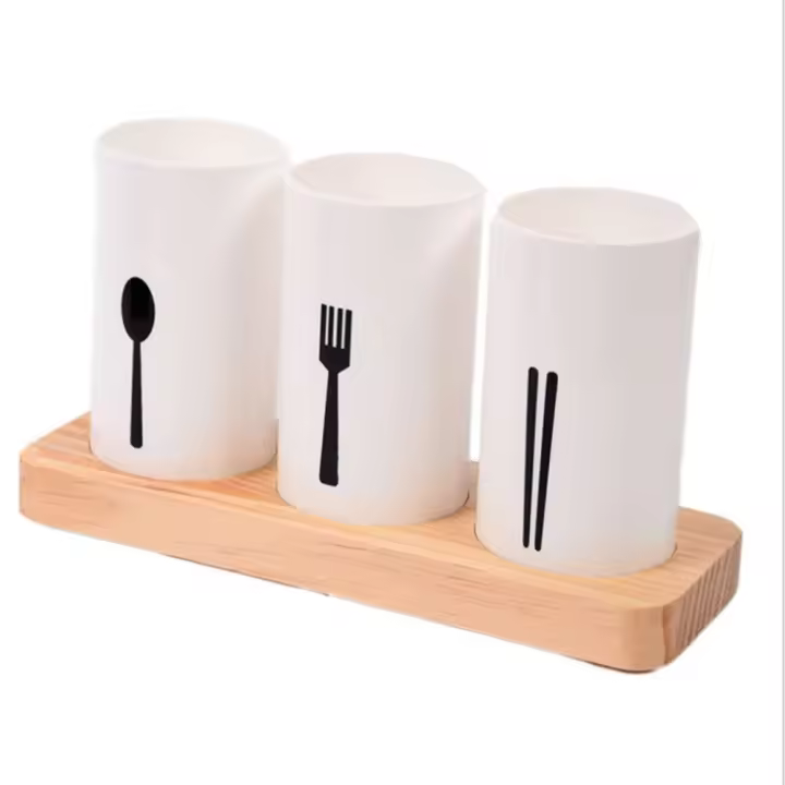 Soporte de Palillos de Madera de Alta Gama Cajón de Secado de Palillos Blanco con Cuchara y Garfón - 1