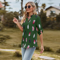 Camisa con estampado de plumas de tres cuartos y manga e para mujer, cuello en V, otoño, nueva - details 19