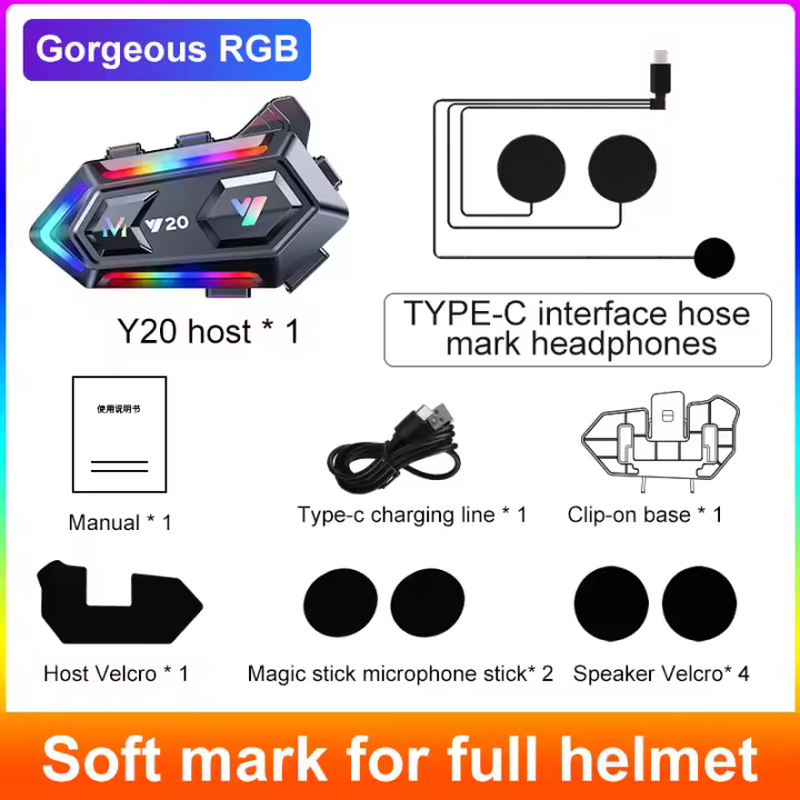 VAORLO-auriculares inalámbricos Y20 para casco de motocicleta, cascos con Bluetooth 5,3, manos libres, reducción de ruido, resistentes al agua, con luz RGB - 1