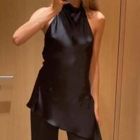 OUWU- Chaleco halter de satén para vacaciones de verano, camiseta sin mangas informal sin espalda, dobladillo irregular elegante Y2K, tops elegantes para mujer - details 11