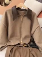 Chaqueta Cardigan de Moda de Punto con Cuero Tejido Manga Larga Suave Vintage para Mujer en Otoño-Invierno - details 4