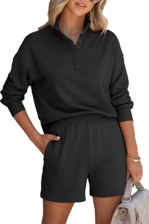 Elrachen Conjunto corto informal con cuello alto y top Henley para mujer, negro, tallas S-2XL - 1