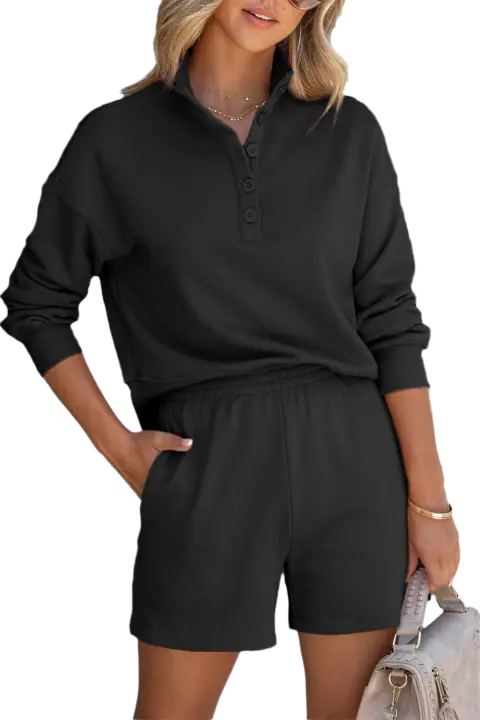Elrachen Conjunto corto informal con cuello alto y top Henley para mujer, negro, tallas S-2XL - 1