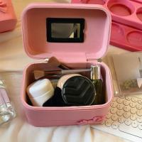 Bolsa de maquillaje de cuero PU con lazo rosa, caja de almacenamiento de productos para el cuidado de la piel con mango de aleación portátil, estuche de maquillaje de mano impermeable de gran capacidad - details 4