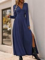 Elegante Vestido Largo de Encaje con Cuello en V Color Sólido para Mujeres - details 22