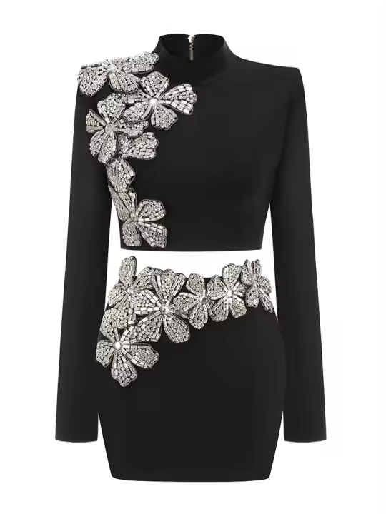 Conjunto de vestido y minifalda de manga larga, estilo piedra preciosa brillante - 1