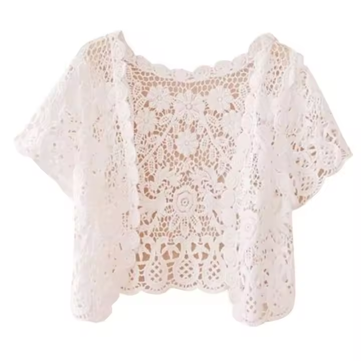 M2EA-Cárdigan de manga corta para mujer, chaqueta Ence con frente abierto, floral, crochet, transparente, para playa - 1