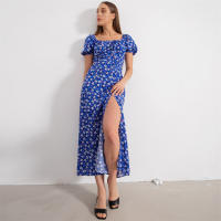 Vestido de mujer, novedad de verano 2025, vacaciones, pausa para el té, cuello cuadrado, falda de longitud media, mangas de burbuja, vestido con abertura Floral francés - details 40