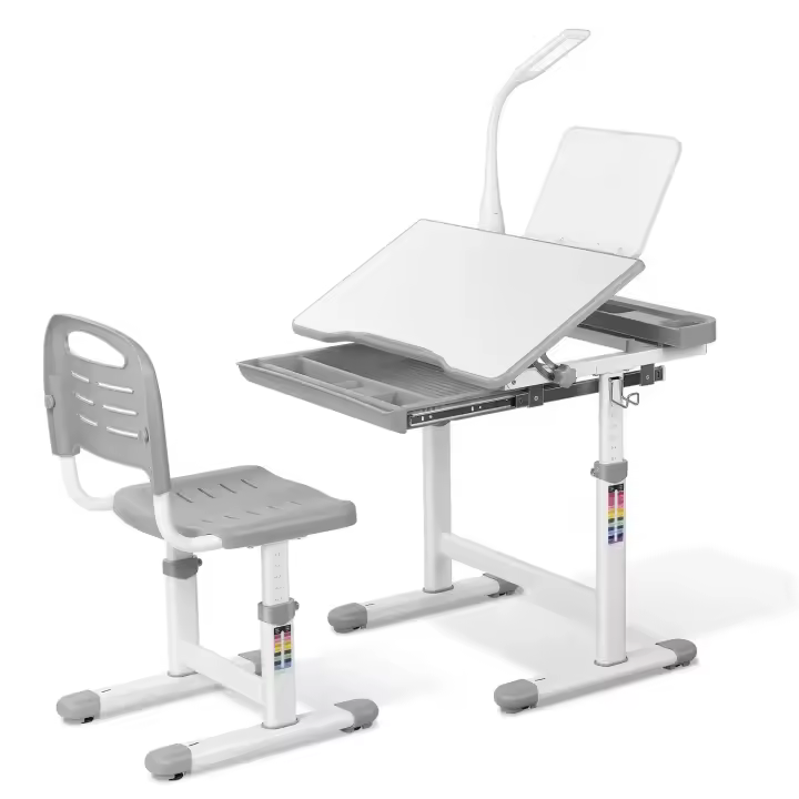 Escritorio para niños y estudiantes, mesa ergonómica y juego de descongelación, con cajón, soporte de lectura, lámpara LED regulable, altura ajustable - 1
