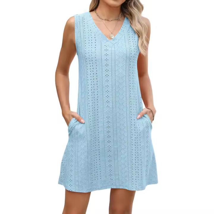 Nuevo Vestido informal de verano con cuello en V y Color sólido con cierre de palacio y bolsillo para mujer - 1