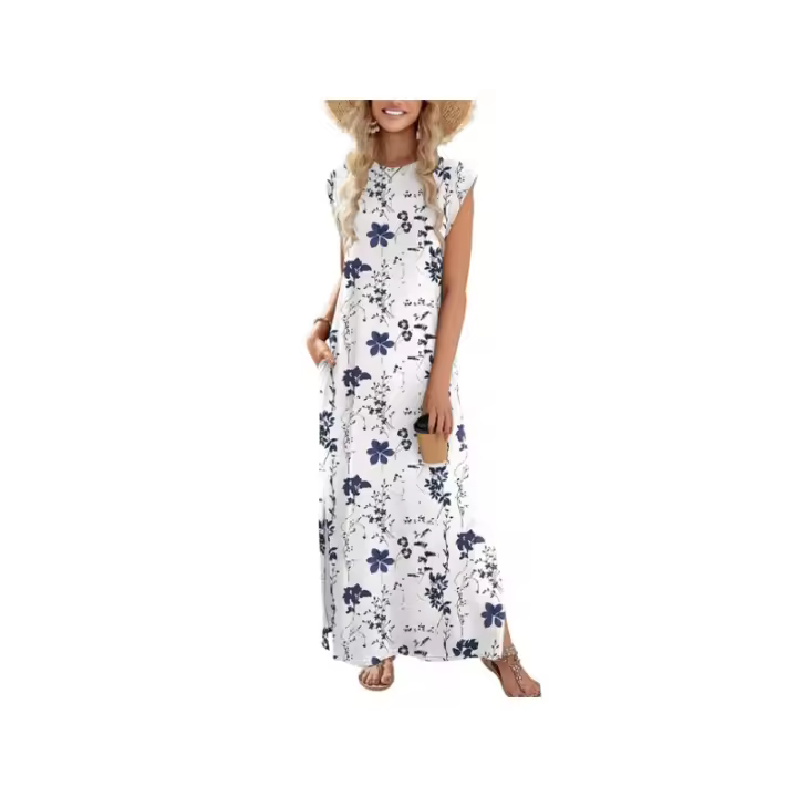 Vestido largo sin mangas con cuello redondo y abertura lateral en color versátil para mujer 2025. - 1