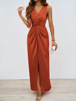 Vestido ajustado con abertura y cuello en V, elegante, sin mangas, retorcido, para mujer, verano 2025 - details 0