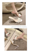 Nuevo estilo de hadas transparente tacón grueso cabeza cuadrada zapatillas frescas plisadas zapatillas de tacón alto de verano mujer - details 6
