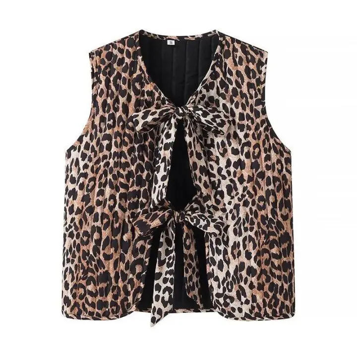 BUNO-chaleco elegante con estampado de leopardo para mujer, nueva moda 20225, chaquetas sin mangas con lazo y cuello en V, chaleco ajustado Vintage, Top corto - 1