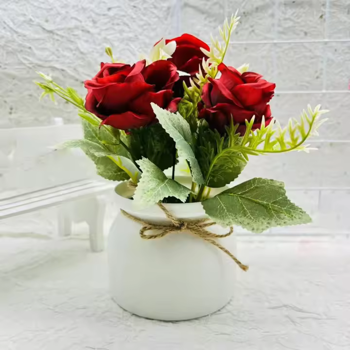 Con macetas, 3 flores de rosa, planta en maceta Artificial, miniescena, Color vibrante, Mini plantas de bonsái falsas, plantas falsas realistas - 1