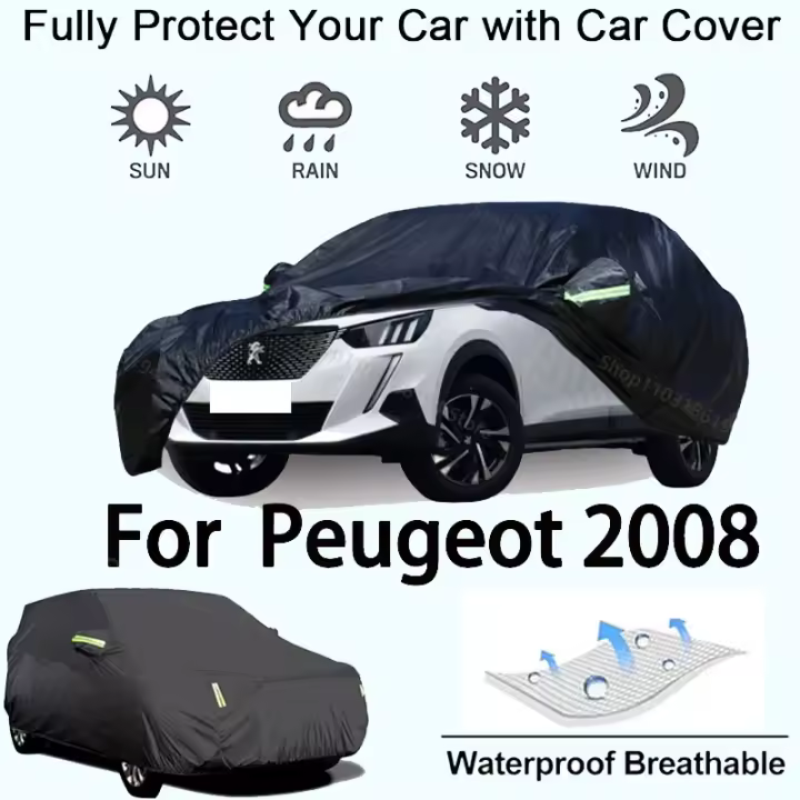 Funda completa para coche para Peugeot 2008, equipo de protección para exteriores, resistente a la nieve, parasol, accesorios para automóviles impermeables y a prueba de polvo, negro - 1