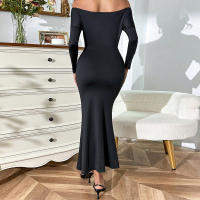 Vestido de punto de manga larga hueco en la cintura de manga larga de hombro de mujer - details 2