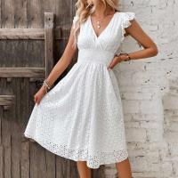 Vestido de verano para mujer con cuello en V y manga acampanada, Color sólido, cintura hueca, vestidos informales para vacaciones en la playa - details 1