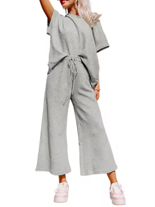 Elrachen Conjunto de camiseta holgada texturizada y pantalones con cordón para mujer, estilo informal, gris, tallas S-2XL - 1