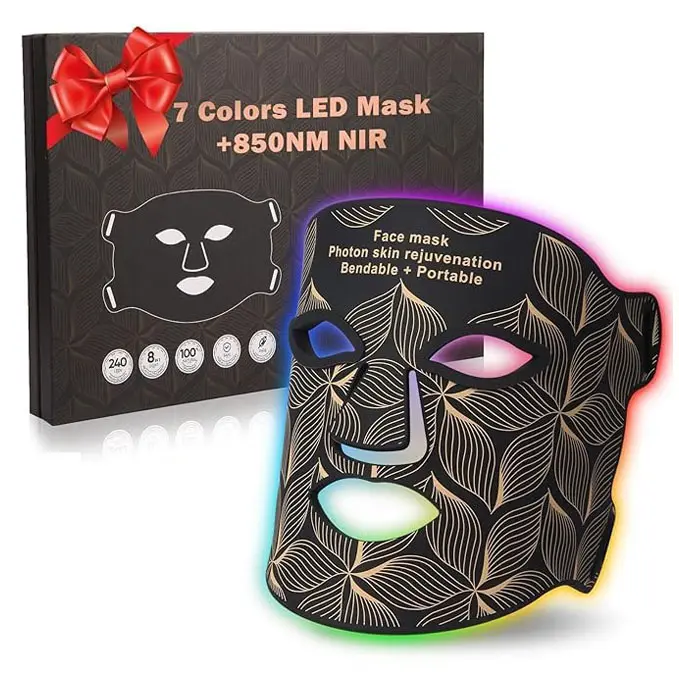 Terapia de luz roja para la cara, 7+1 colores LED Mascarilla Terapia de luz con 850 NM infrarrojo cercano, portátil recargable Máscara de terapia de luz roja Dispositivo de cuidado de la piel en casa y viajes para antienvejecimiento, negro - 1