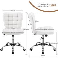 Silla de Oficina sin Reposabrazo Silla Oficina Tapizada de Cuero PU Silla con Ruedas Silla Ergonómica Base Metal Blanca - details 2