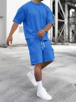 Tela transpirable] Conjunto de ropa deportiva beige para hombre: camiseta de poliéster con cuello redondo y pantalones cortos con cordón, lavable a máquina, comodidad de verano - details 6