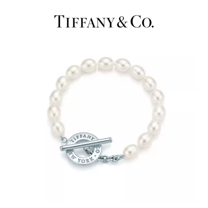 ΤΙΦΑΝΗ ™ Brazalete de palanca de agua dulce, pulsera de cadena de perlas blancas con diseño de hebilla de aguja de plata pura - 1