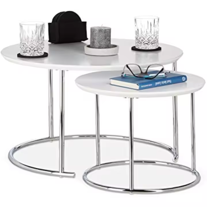 Juego de 2 Mesas Auxiliares Redondas, Madera-Metal, Blanco, 2 Unidades, Acero, 60 x 60 x 35 cm - 1