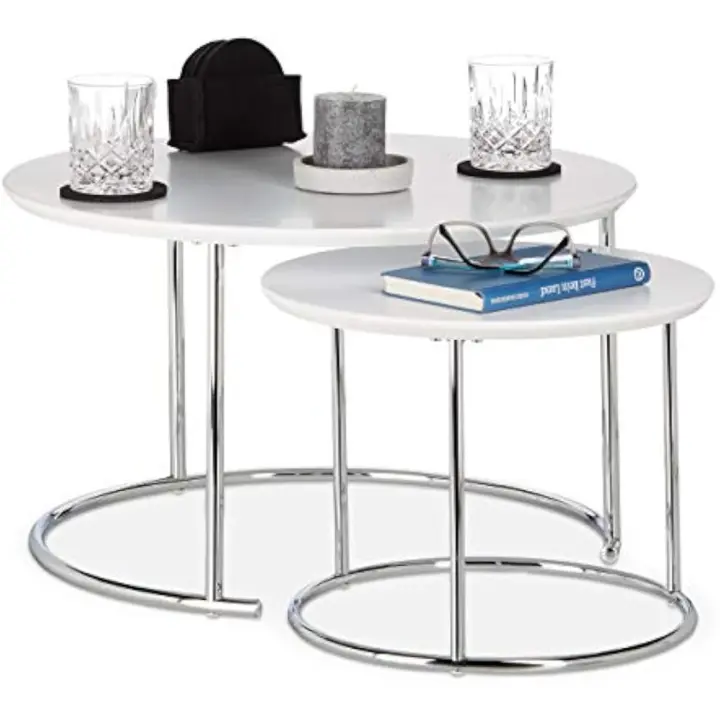 Juego de 2 Mesas Auxiliares Redondas, Madera-Metal, Blanco, 2 Unidades, Acero, 60 x 60 x 35 cm - 1