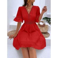 Vestido de verano para mujer, nuevo estilo, con costuras, escote en V y cintura de color liso. - details 11