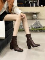 Tacón alto cabeza cuadrada botas delgadas botas cortas zapatos de mujer nuevo tacón grueso marrón con falda - details 9