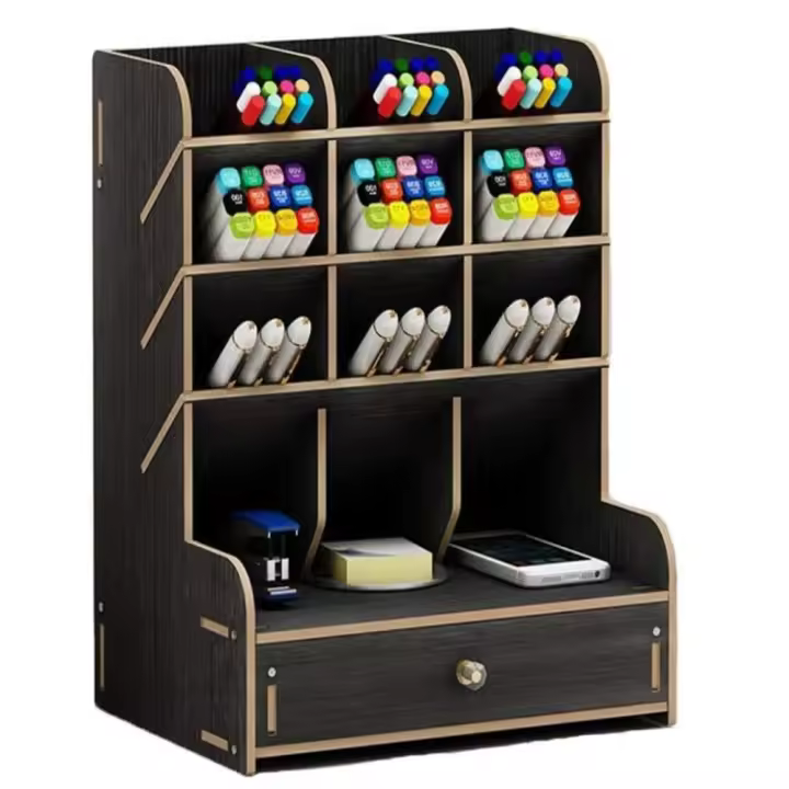 Organizador de bolígrafos de madera multifuncional, organizador de escritorio con cajón, caja de soporte de bolígrafos de gran capacidad, estilo INS - 1