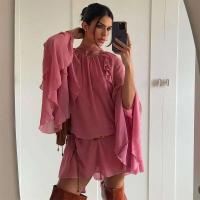Vestido largo Irregular de gasa con volantes y escote en V profundo para mujer, Vestido holgado liso con mangas abullonadas elegantes, Vestido de calle alta para mujer 2025 - details 7