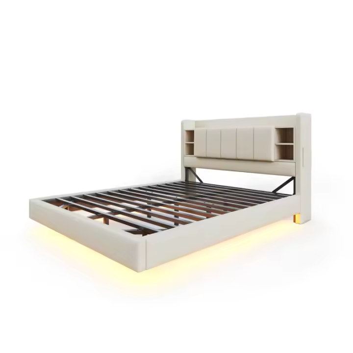 Marca de Cama Almohada 160 x 200 cm con Enchufe USB y Barra de Luz Cabeza Giratoria con Compartimentos de Almacenamiento Marco de Metal Estable Lino Doble Cama en Marrón - 1