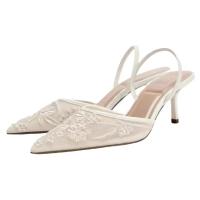 Malla Bordado Marca Sandalias Señoras Finas Cuentas Tacones Finos Mule Zapatos Puntiagudos Dedo Abierto Talón Zapatillas Señoras - details 1