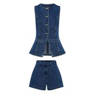 Traje corto informal de dos piezas para mujer, traje de cuello redondo sin mangas, botonadura única, Color sólido, moda de verano, traje de mujer Y2K - details 2