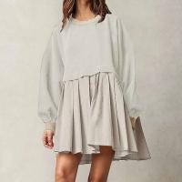 Sudadera informal de otoño con bloques de Color para mujer, Vestido corto holgado de manga larga con cuello redondo, Jersey plisado a la moda, Tops, Vestidos - details 5