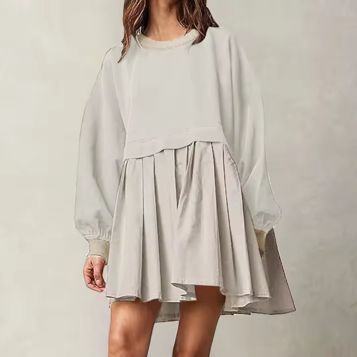 Sudadera informal de otoño con bloques de Color para mujer, Vestido corto holgado de manga larga con cuello redondo, Jersey plisado a la moda, Tops, Vestidos - 1