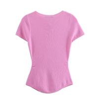 OUWU- Colección Europea Y Americana De 24 Otoño, Nuevo Estilo, Cierre De Botón, Decoración De Volantes, Cuello Redondo, Manga Corta, Top De Punto Para Mujer - details 9