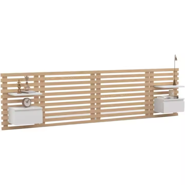Cabecero colgante de cama de 240 cm con mesita de noche + cajón de madera clara y blanca - 1