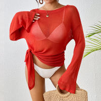 Vestido transparente de manga larga para la playa, top tipo túnica transparente de malla para mujer, traje de baño ligero de verano - details 14