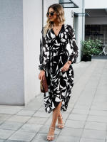 Vestido de manga larga con cuello en V estampado informal para vacaciones de otoño a la moda para mujer - details 21