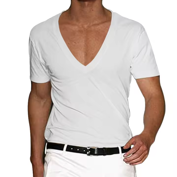 2025 nuevo para hombre, Fitness y ocio, verano, algodón, absorbente del sudor, Color sólido, talla europea, camisetas con cuello en V profundo - 1